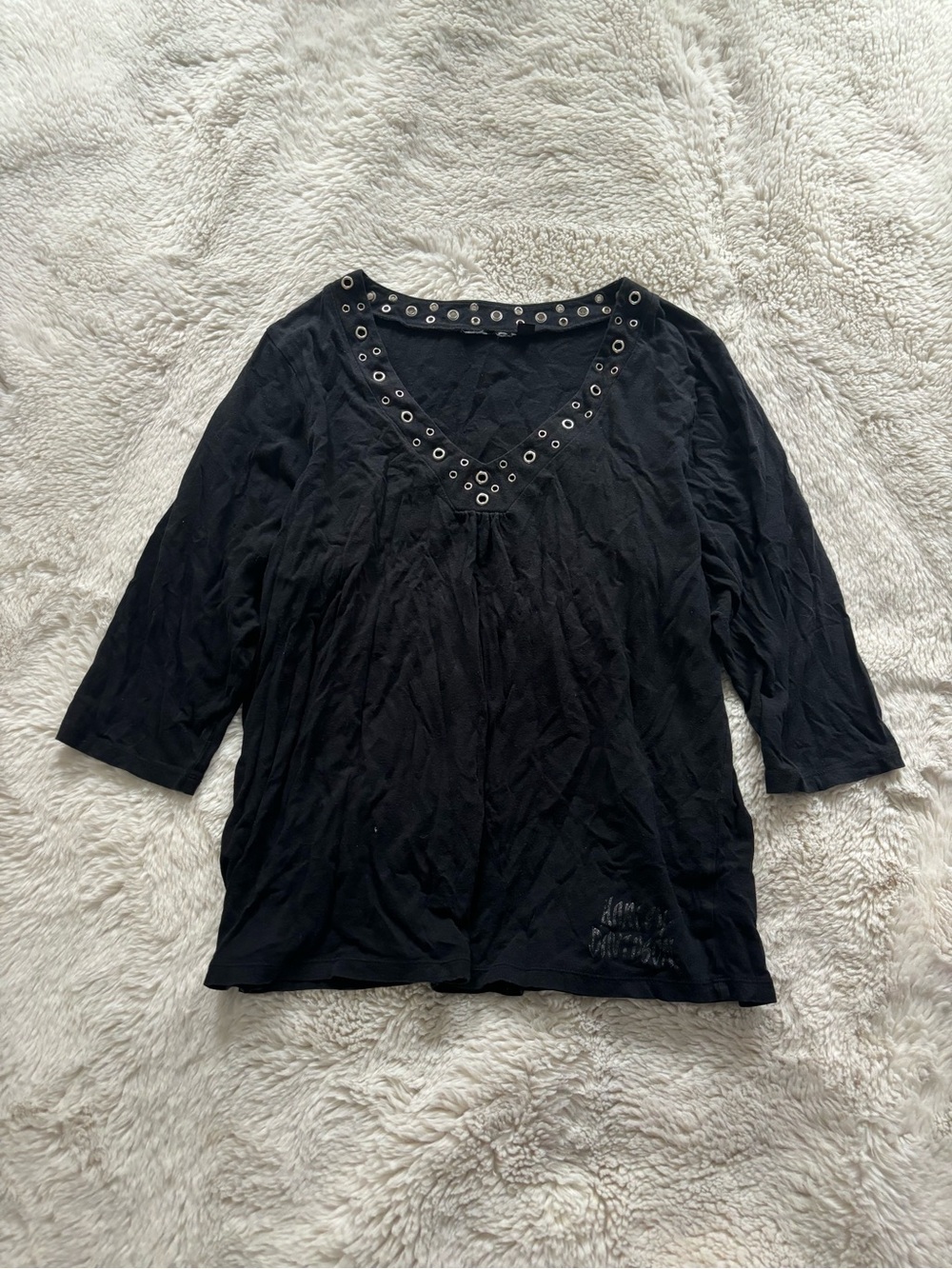VTG Y2K Harley Davidson Black Metal Eyelet Graphic Print Blouse